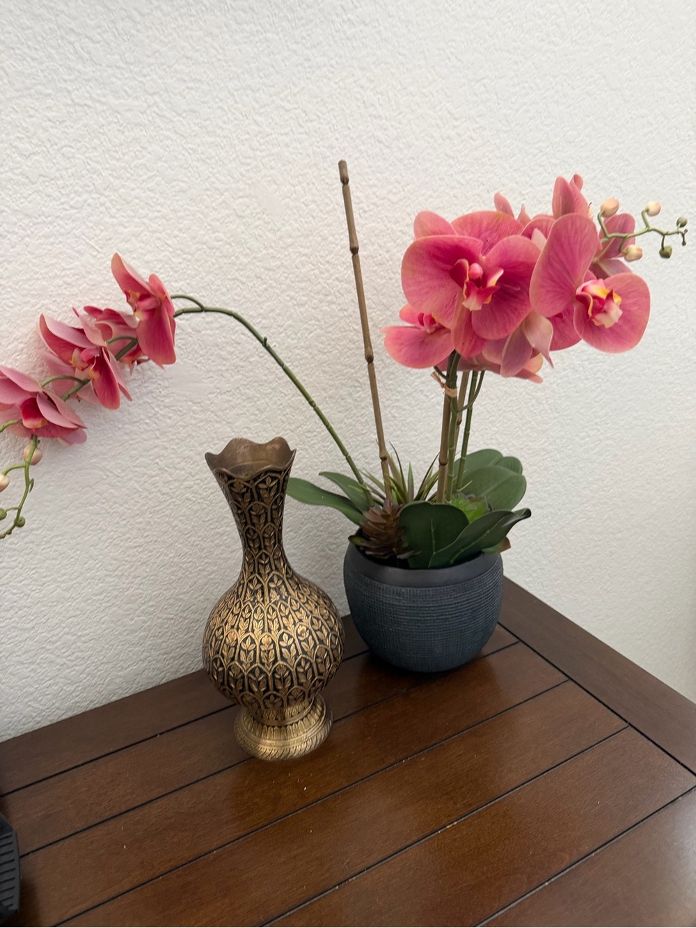 Vintage Hand-Carved Brass Vase with Black Lacquer Etching